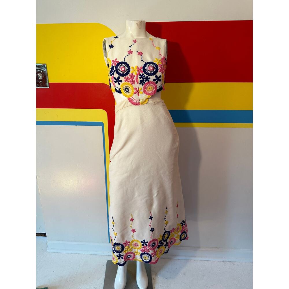 1970s vintage Mollie Parnis summer dress with cut out midriff and embroidery xs